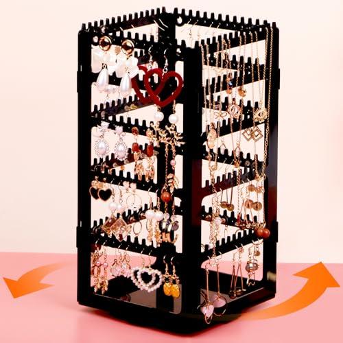 24Aug 360° Rotating Jewelry Organizer Stand with 5 Layers,Acrylic Earring Holder Organizer Stand,212 Holes and 212 Grooves for Studs,Dangly Earrings,Chains,Bracelets,Necklace
