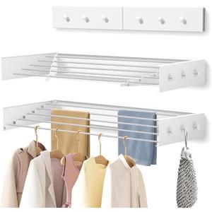 Upgrade Rack Collapsible, Wall Mounted Drying Rack, Clothes Drying Rack, Retractable Drying Rack, 31.5" Wide, 13.2 Linear Ft, 5 Aluminum Rods (White 31.5" with 5 Hooks)