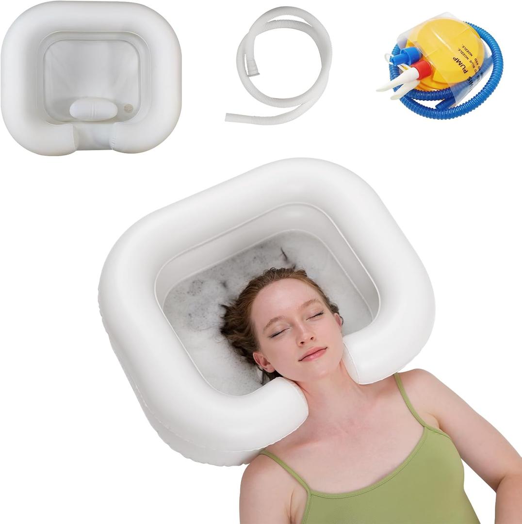 Inflatable Shampoo Basin, Portable Shampoo Bowl with Neck Support Drain Hose for bedridden People, Shampoo Sink for Those Elderly Disabled Pregnant Women Injured (Cream White)