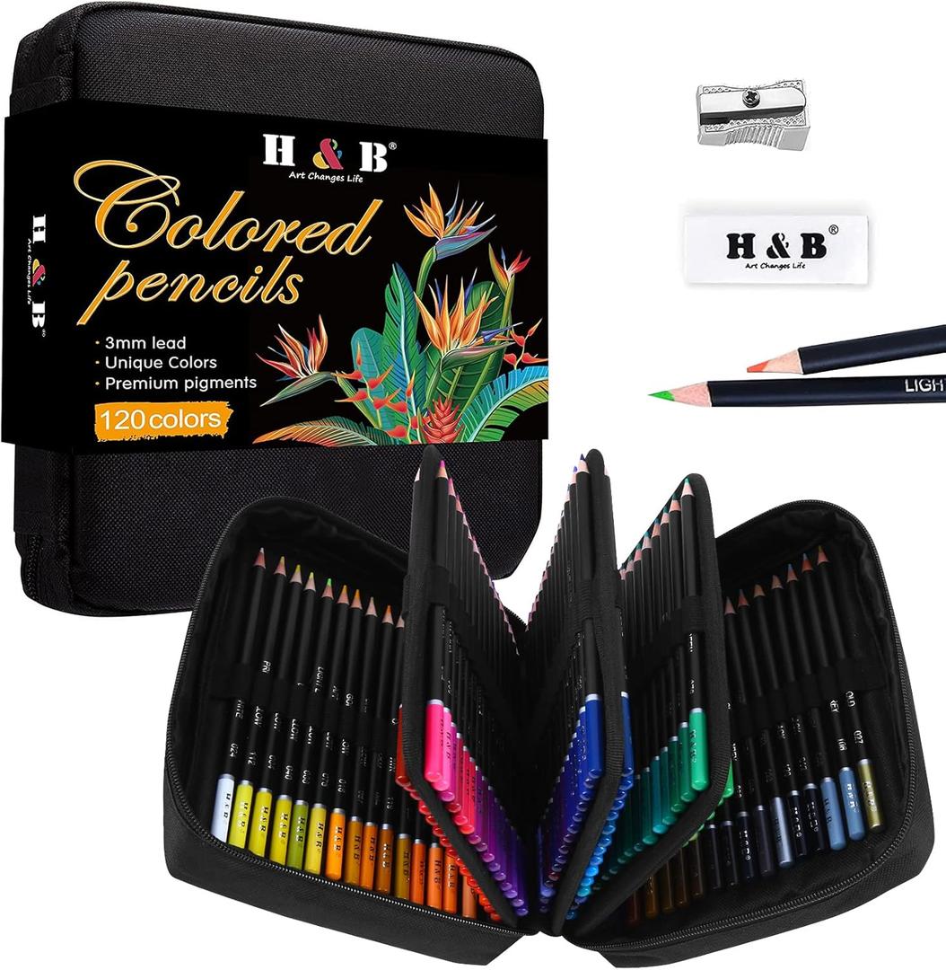 H & B 120 Colored Pencils Kit,Oil Based Soft Core, Professional Color Drawing Set with Case Sharpener,Sketching Layering Blending,Art Set & Supplies for Adults Kids Teens Beginner Coloring,Artist's (122 Piece Set)