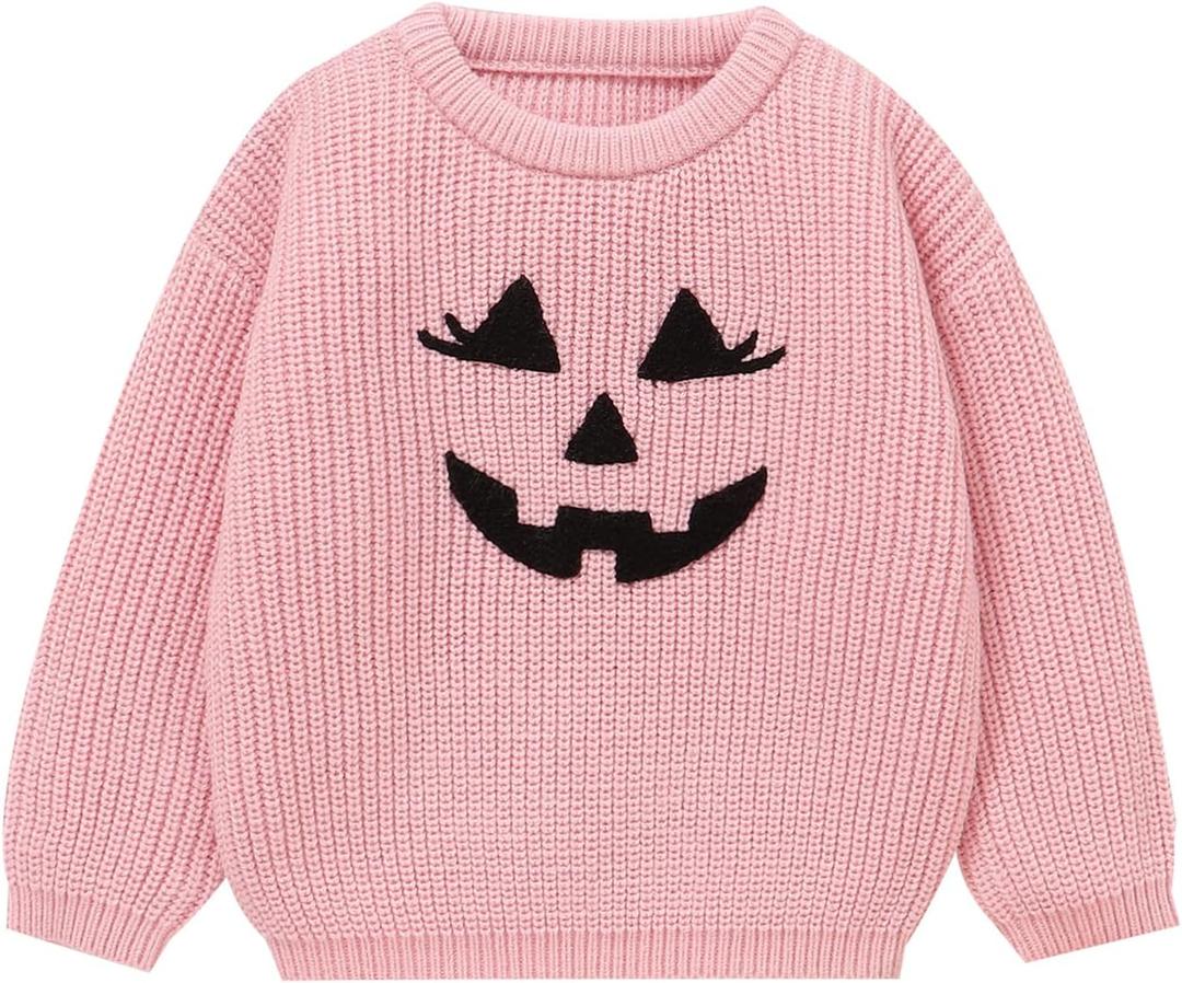 Toddler Girl/Boy Halloween Sweater Pumpkin Smile Embroidery Sweater Knitted Pullover Fall Winter Clothes (Pink)
