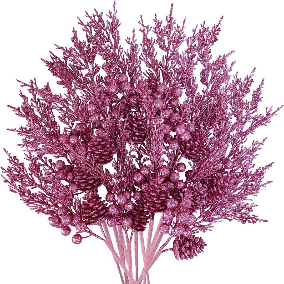 Winlyn 12 Pcs Christmas Artificial Pine Branches Pink Glittered Pine Needles with Pinecone and Berries Christmas Floral Picks 14.2" for Pink Christmas Tree Seasonal Wreath Swag Garland Wedding Bouquet