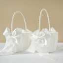 2 Pcs Wedding Flower Girl Baskets with Cute Pearl Handle Bowknot Satin Flower Baskets for Wedding Ceremony, Ivory