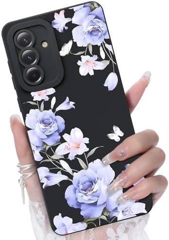 CASBST for Galaxy A36 5G Phone Case, Fashion Flower Pattern Design Girls Women Liquid Silicone Cover, Slim Shockproof and Scratch-Resistant Soft Case for Samsung A36- Black