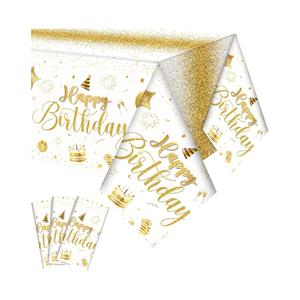 Tudomro 3 Pcs Happy Birthday Tablecloths Happy Birthday Party Decorations Plastic Table Cover Rectangular Cloths for Women Men Baby Shower Party Supplies, 108 x 54 Inch (White Gold)