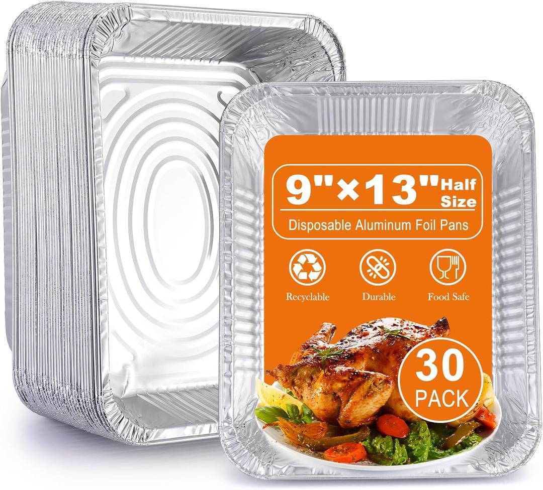 Aluminum Foil Pans 9x13 Disposable  30 Pack Half Size Aluminum Foil Heavy Duty deep Steam Table Pan, Tin foil Turkey Sheets Tray Chafing Grill Accessories for Cooking, Baking, Storing, Food Prepping