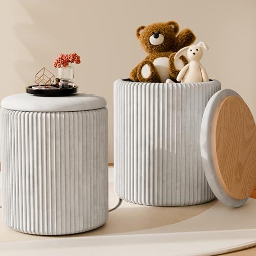 infurnic Ottoman with Storage Set of 2, Velvet Round Storage Ottoman, Upholstered Sponge Vanity Stool Support 300lbs, Multifunctional Coffee Table Foot Rest Ottomans for Living Room Bedroom, White