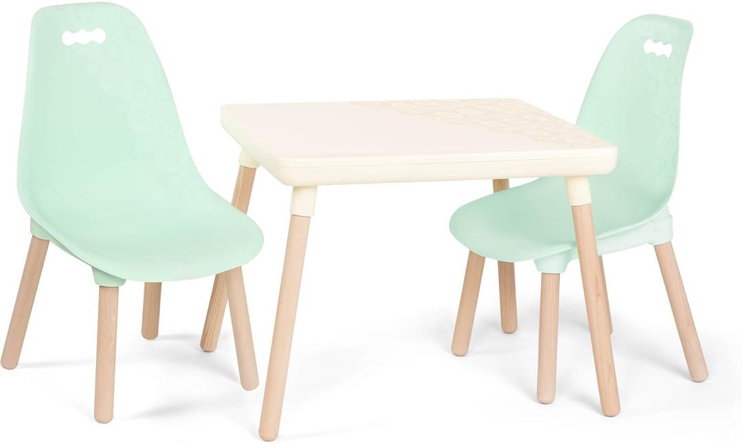 B. toys Table and Chair Set Furniture for Toddlers 1 Craft Table & 2 Chairs Natural Wooden Legs Mint 3+ Years