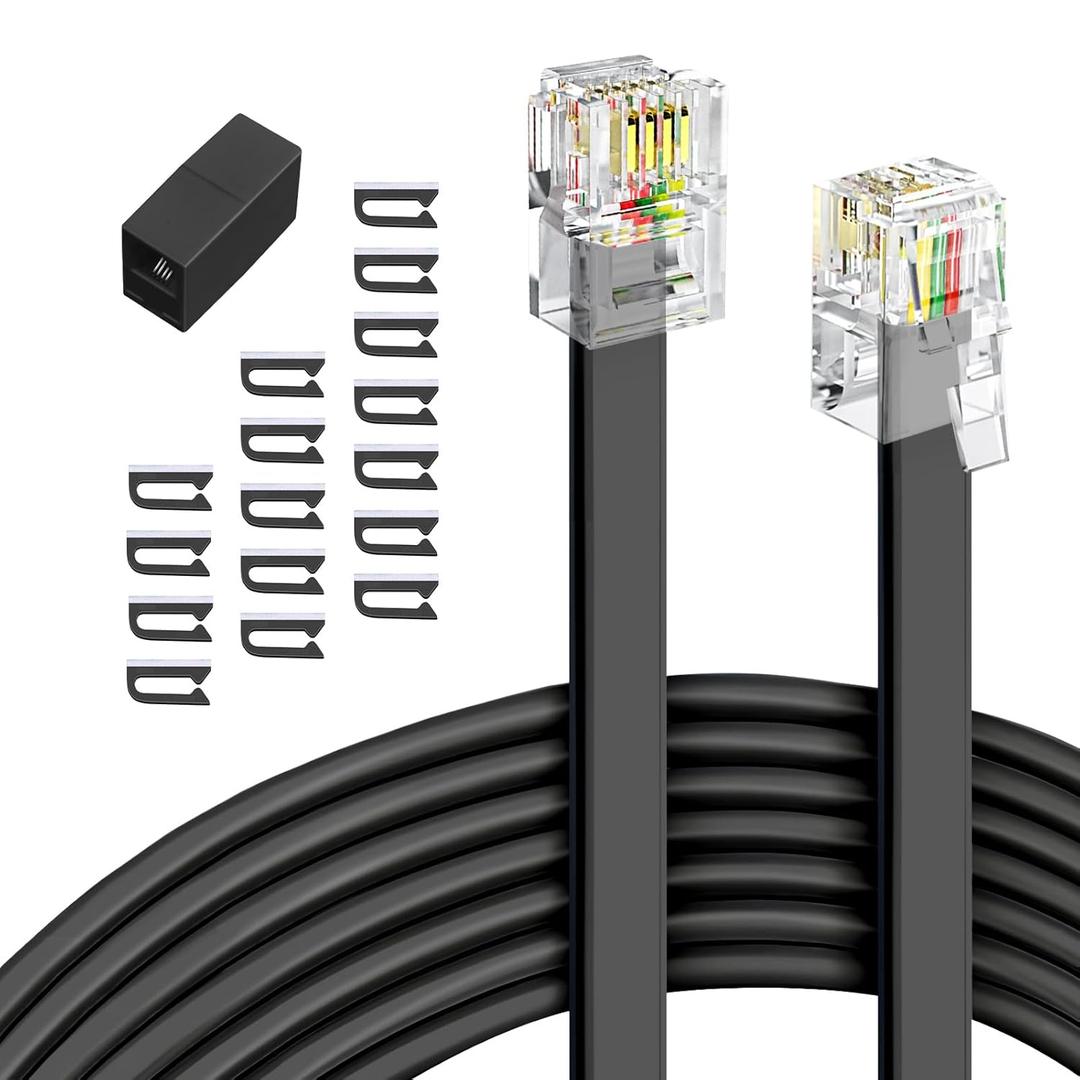 MoeverEX Phone Extension Cord 25 Ft, Telephone Cable with Standard RJ11 Plug and 1 in-Line Couplers and 20 Cable Clip Holders, Black