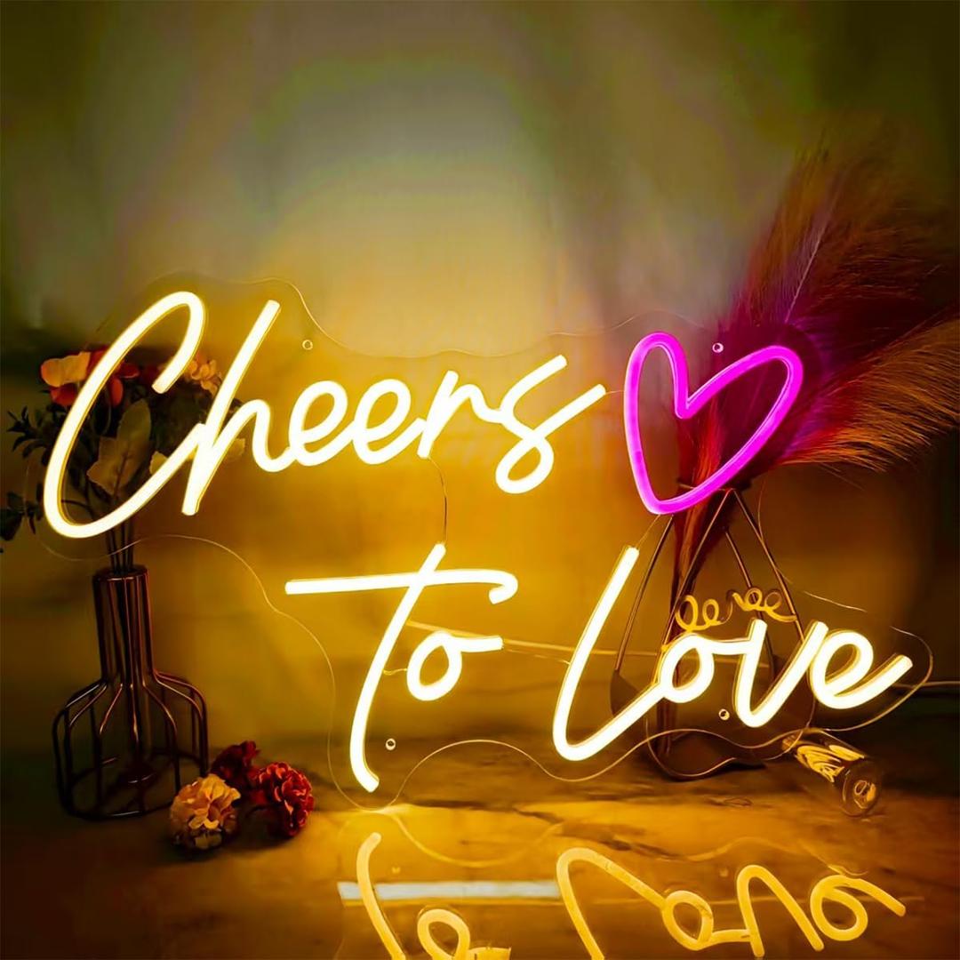 23X14 Inch Cheers to Love Neon Sign, USB Powered Neon Lights Sign for Wall, Dimmable Celebratory Decor for Birthday, Wedding Party, LED Sign for Bedroom, Bar, Shop, Warm White and Hot Pink