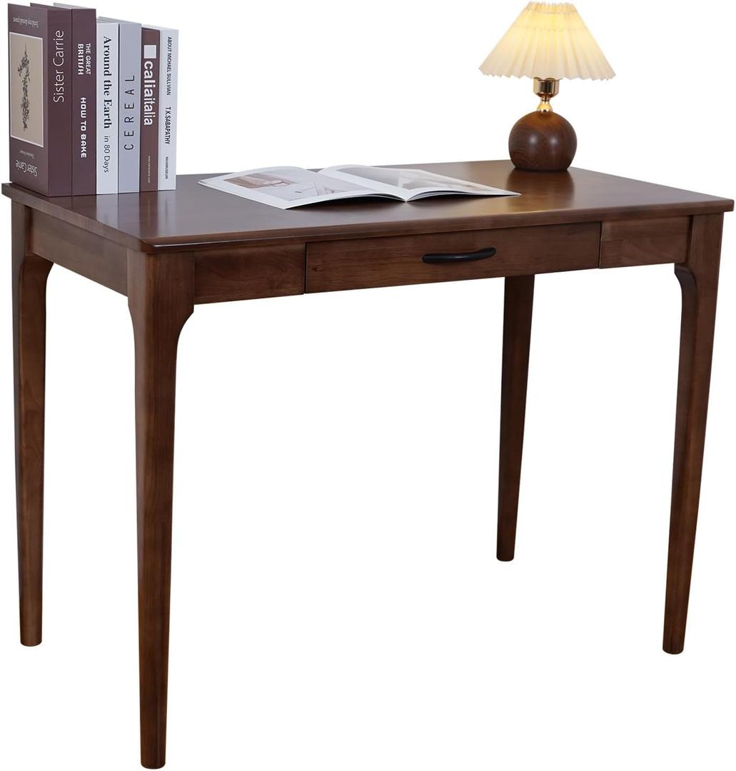 Solid Wood Desk with Drawers, Wooden Computer Desk for Home Office, Gaming Study Desk for Small Spaces, Writing Work Desk for Bedroom,Easy Assembly (Walnut Color 40 inch 1 Drawers), 47 x 21 x 30 inches