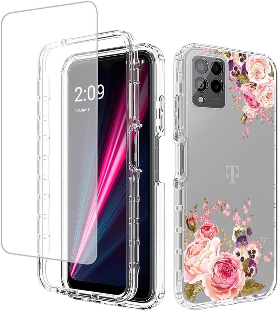 Case for REVVL 6 Pro/T Phone Pro 5G TMAF035G Case with Tempered Glass Screen Protector, Full Body Clear with Floral Design Protection Phone Cover Cases for T-Mobile REVVL 6 Pro 5G (rose flower)