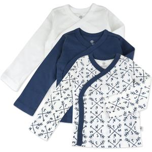 HonestBaby Baby 100% Organic Cotton Long Sleeve Side-Snap Kimono Tops (3 Pack) (3-6 Months, Compass Blue)