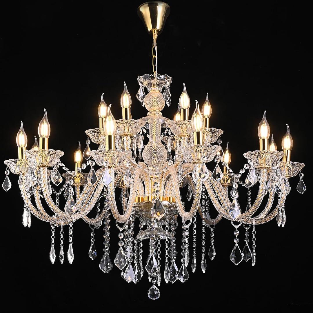 18-Light Double-Layer Crystal Chandelier for Living Room Gold Ceiling Pendant Light Fixtures with K9 Crystal Modern Luxury Lighting for Dining Room, Bedroom, Kitchen