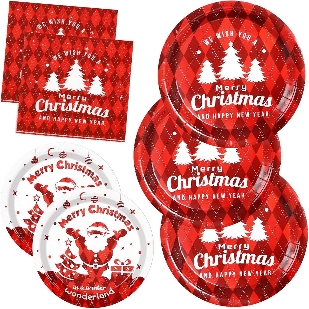 Gezond 200 Pcs Christmas Paper Plates and Napkins, Christmas Tree Red Plaid Disposable Plates, Incloud Dinner Plate Dessert Plate and Napkins for Holiday Party Supplies Serve 50