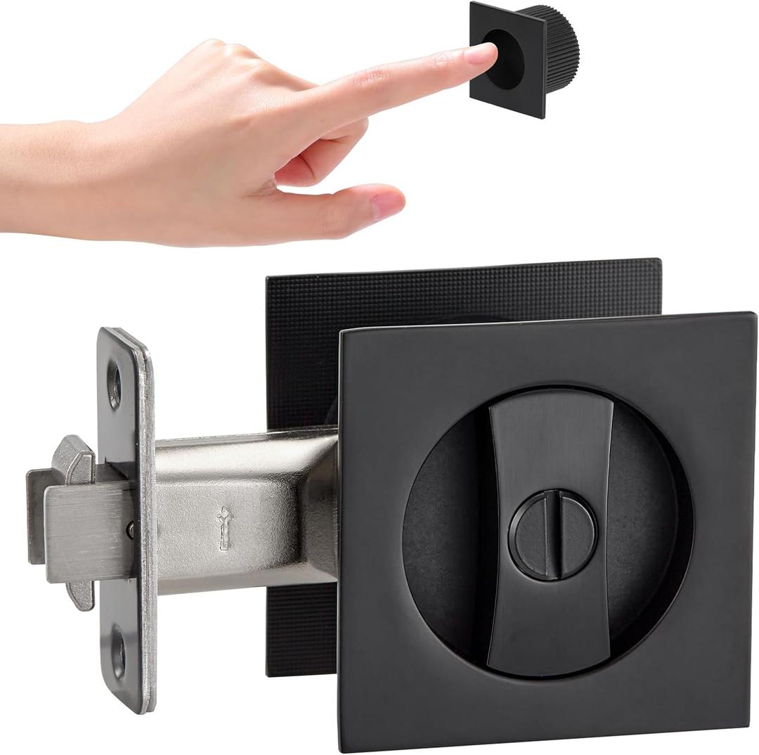 Matte Black Pocket Door Hardware with Privacy Lock & Latch - Contemporary Style for Square Pocket Doors(1 Pack)