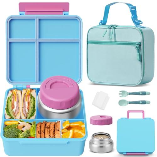 Kids Bento Lunch Box with Thermos, Leakproof Toddler Bento Box with 9 OZ Insulated Food Jar, Lunch Bag & Utensils 3 or 4 Compartment Container for School Girls Boys