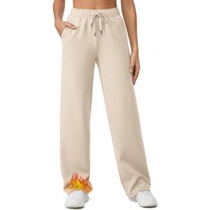 G4Free Fleece Lined Sweaterpants Women Elastic Drawstring Wide Leg Winter Trousers with Pockets for Casual Work (Medium, Light Khaki)
