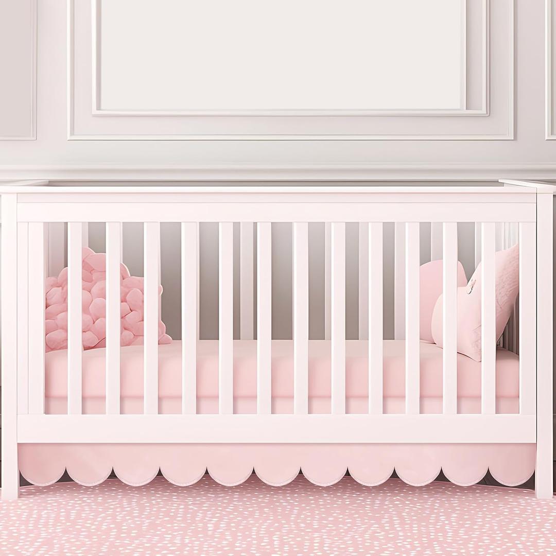 Hahafelt Pink Scalloped Crib Skirt 28"x 52" with 14" Drop Pleated Dust Ruffle with Split Corners for Baby Boys Girls Soft 4-Sided Crib Bed Skirt Nursery Standard Toddler Bedding