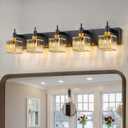 Modern Crystal Bathroom Vanity Light Black Gold 5-Lights Bathroom Lighting Fixtures Over Mirror, Brass Wall Light Fixtures