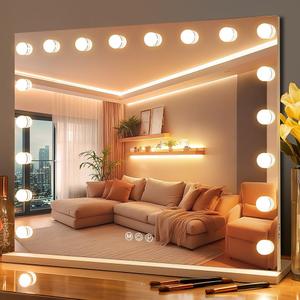 Fenair Large Vanity Makeup Mirror with Lights 32"X23" Lighted Hollywood Mirror with 18 Dimmable Bulbs, 3 Color Light Settings, USB Port, Bedroom Makeup Mirror for Tabletop