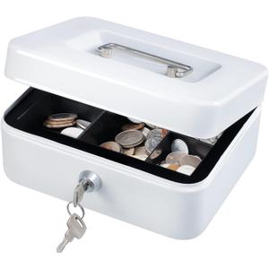 KYODOLED Medium Cash Box with Money Tray, Small Safe Lock Box with Key, Cash Drawer, 7.87"x 6.30"x 3.54" White Medium