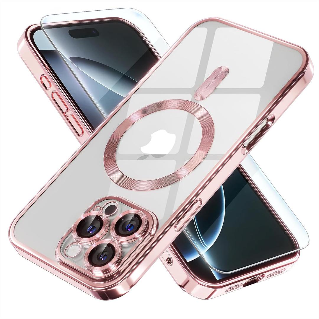 Misea Magnetic for iPhone 16 Pro Case Compatible with MagSafe [Never Yellowing] [Military Grade Drop Protection] Full Camera Lens Protector Plating Soft Clear Phone Case for Women 6.3", Pink