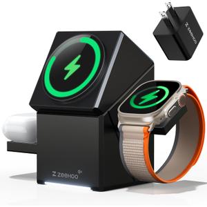 ZEEHOO 3 in 1 Charging Station, iPhone Charging Station for Apple MagSafe Charger, Qi2 Certified, 15W Fast Wireless Charger, for Apple Watch, for iPhone 17,16 15,14,13,12 Series, AirPods (Black)