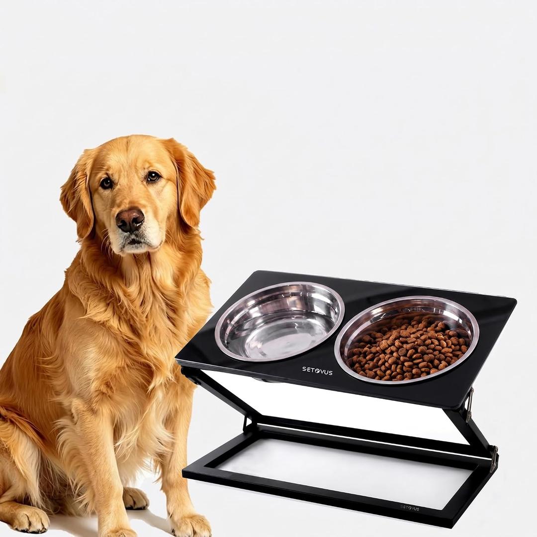 Elevated Dog Bowls for Large Medium Dogs, 3 Heights Adjustable Raised Dog Bowl Stand with 2 Stainless Steel Food Bowls 20Tilted Elevated Easy to Clean Water Bowl (Black, Large)
