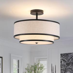 Semi Flush Mount Ceiling Light, 3-Light Double Drum Ceiling Light Fixture with Fabric Shade, Farmhouse Chandelier Dining Room Light Fixture for Bedroom, Kitchen, Hallway (Black), Large Flush Mount Ceiling Light