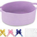 COMSE Small Woven Basket with Gift Bags and Ribbons, Gift Basket Empty, Cotton Rope Storage Organizer, Baby Toy Box with Handles, 12" x 8" x 5", Purple