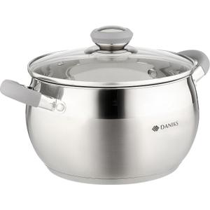 Daniks Modern 4 Quart Stainless Steel Stock Pot with Glass Lid, Tri-Ply Bottom for Even Heating, Induction Compatible, Dishwasher Safe, Heatproof Handles