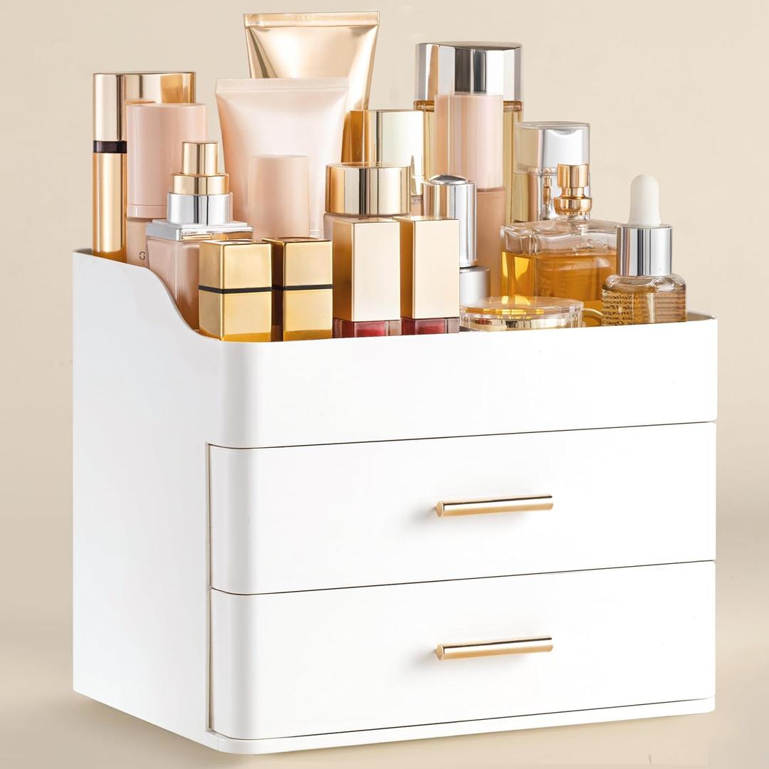 HBlife Makeup Organizer for Vanity with 2 Drawers, Large Bathroom Countertop Cosmetics Organizer Skin Care Storage, Easy to Store Lipsticks, Nail Polishes, Perfumes, Eyeshadow Palettes, All White (Medium)