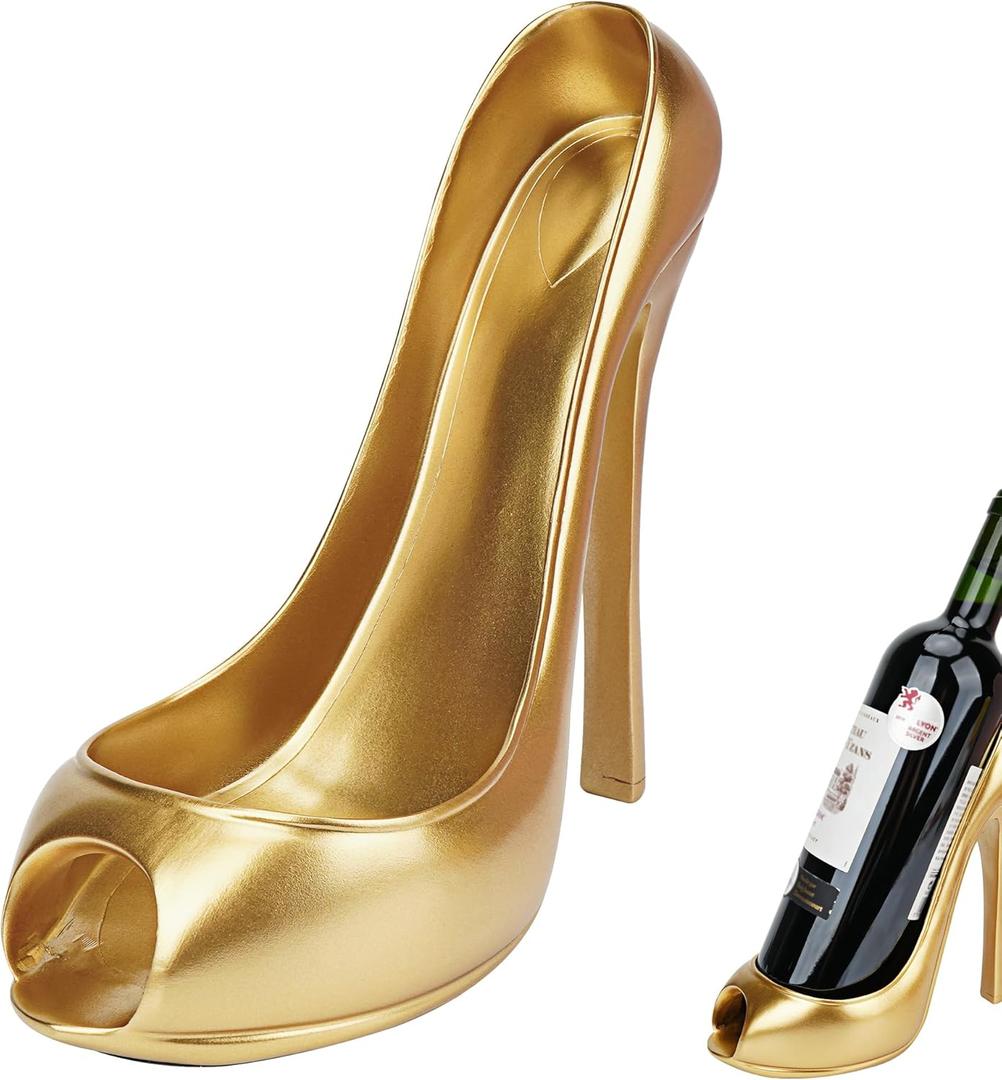 High Heel Wine Bottle Holder, Shoe Wine Rack Holder, Display and Storage Accessories for Kitchens, Restaurants, and Bars, for Friends, Family, or Wine Collectors (Gold)