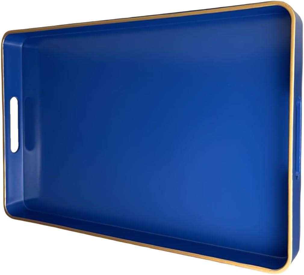 Navy Blue Serving Tray with Handles, Rectangular Decorative Tray for Coffee Table, Plastic Rectangular Tray for Ottoman, Living Room, Bathroom, Home Decor 15.7 x 10.2 x1.37