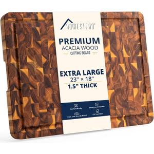 HOMESTEAD End Grain Acacia Wood Cutting Board 23x18x1.5, Reversible Butcher Block Board for Kitchen with Deep Juice Groove, Handles, Knife-Friendly Surface for Meat Chopping and Charcuterie Serving