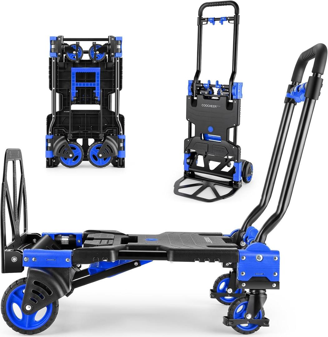 330LB Folding Hand Truck Heavy Duty Carrying, Combination of Four Wheels and Two Wheels Convertible Dolly Cart with Retractable Handle Dolly for Moving Office Carts(Blue)
