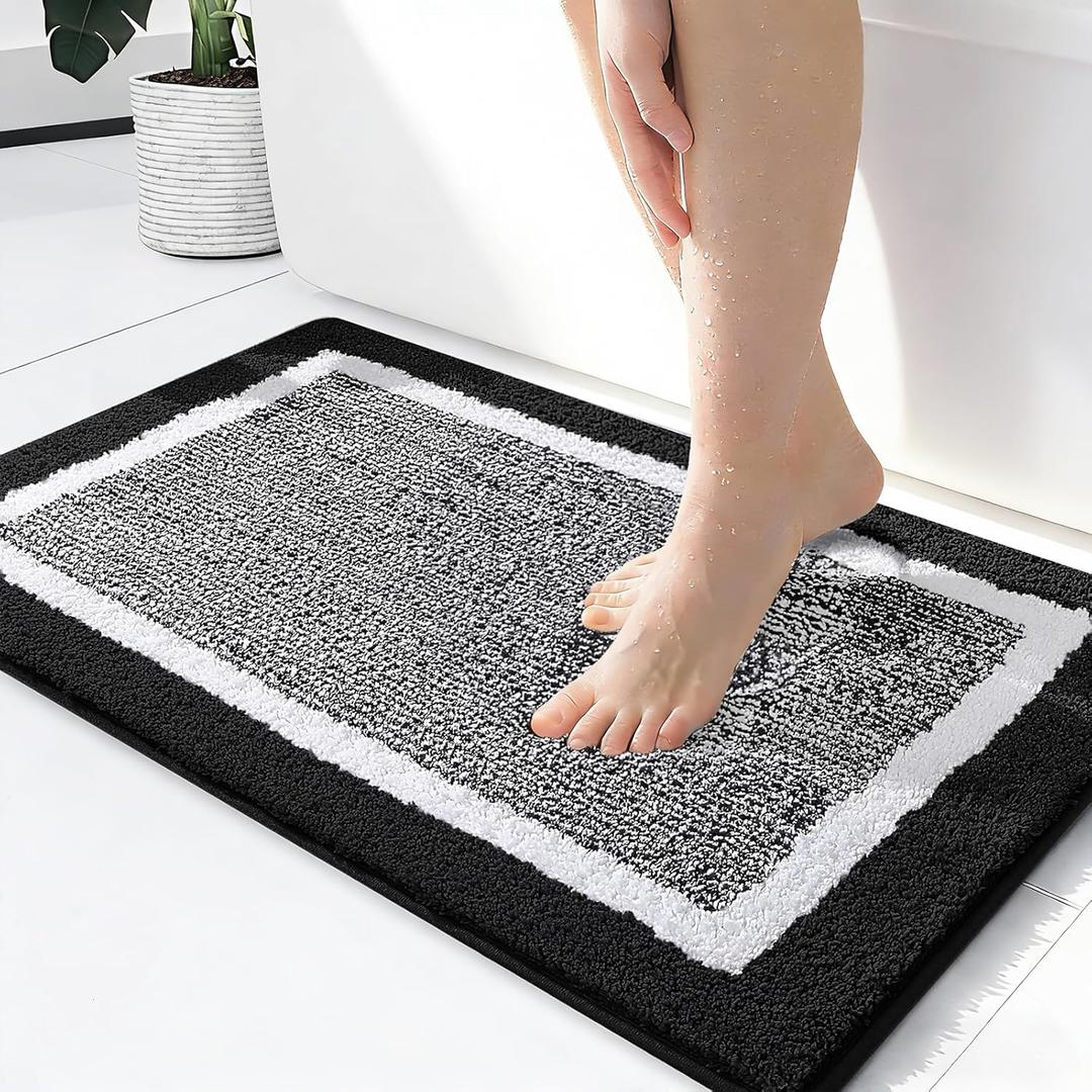 OLANLY Small Bathroom Rugs 24x16, Extra Soft and Absorbent Microfiber Bath Rugs, Non-Slip, Machine Washable, Quick Dry Shaggy Bath Carpet, Bath Mats for Bathroom Floor, Tub, Shower, Black