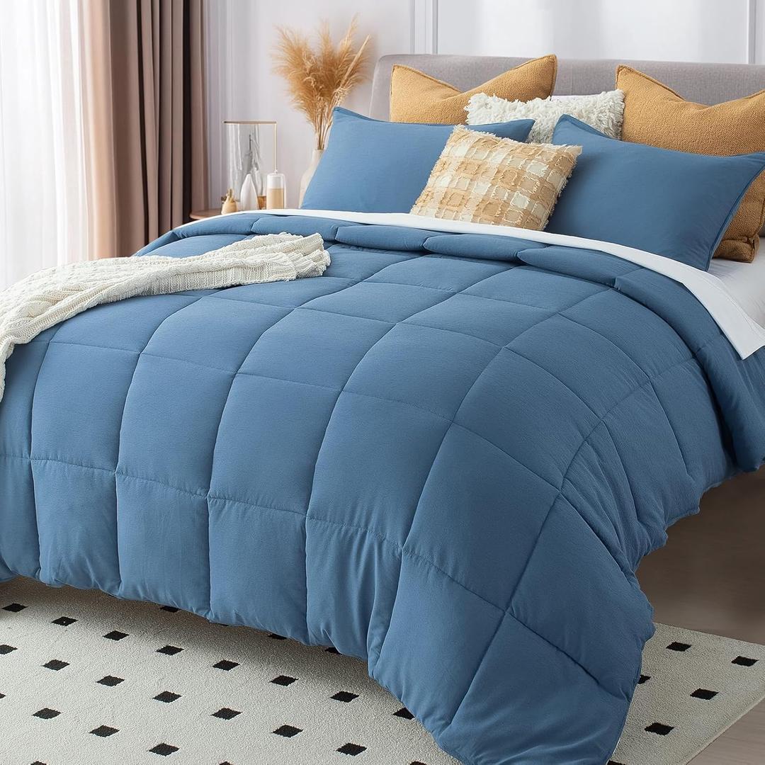 KASENTEX Queen Size Comforter Set 3 Piece,Seersucker Breathable Fabric,Lightweight Fluffy Down Alternative,Box Stitch Quilting, All Season Machine Washable with 2 Pillow Shams, Navy Blue KASENTEX Queen Size Comforter Set 3 Piece,Seersucker Breathable Fabric,Lightweight Fluffy Down Alternative,Box Stitch Quilting, All Season Machine Washable with 2 Pillow Shams, Navy Blue