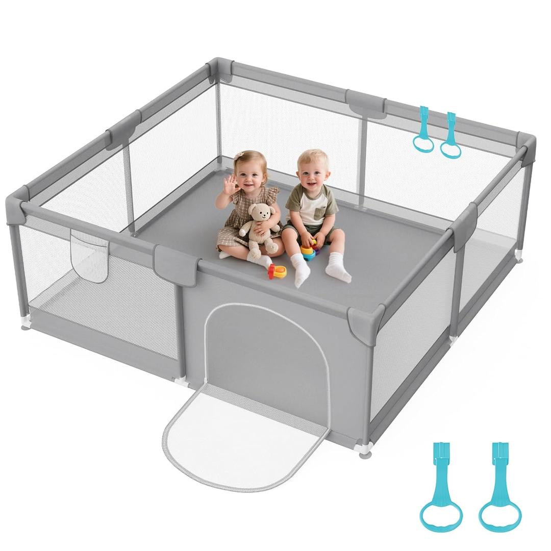 Baby Playpen 64"x64" Square for Toddlers Tool-Free with Pull Up Rings | Sturdy Suction Base, No Wobble, 360 Breathable Mesh, Foam-Padded Top & Posts, BPA-Free Oxford 27"Ht, Easy-Clean, Grey