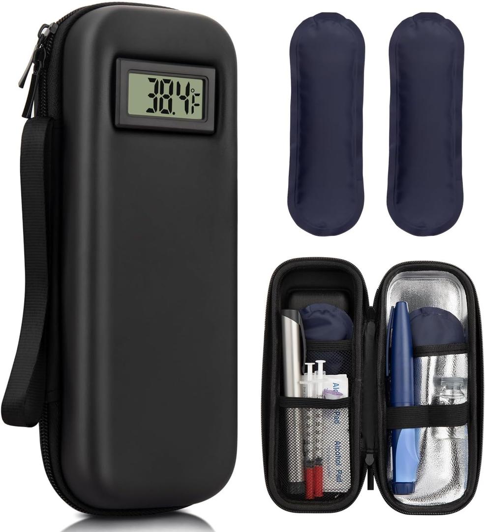 Insulin Cooler Travel Case TSA Approved Medication Cooler for Travel with Thermometer Temperature Display, Diabetic Travel Case with 2 Reusable Ice Packs for Daily & Trip(Black)