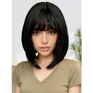 Mairead Black Bob Wig With Bangs Short Straight Black Bob Wigs for Black Women 12 inch SyntheticHeat Resistant Wigs for Halloween Costumes Cosplay Daily