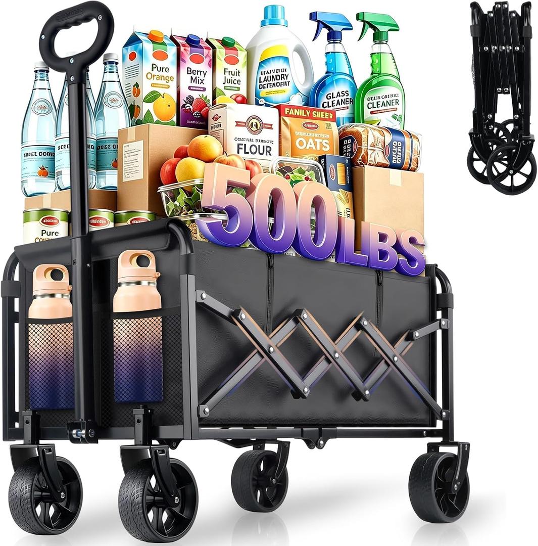 500LBS Heavy Duty Folding Wagon - Collapsible All-Terrain Utility Cart | Portable And Lightweight, Large Capacity Design, Ideal For Groceries, Outdoor Camping, Fishing, Shopping