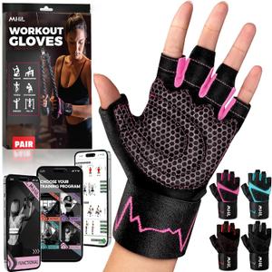 MhIL Workout Gloves for Women Breathable Gym Gloves for Women with Palm Protection and Enhanced Grip Padded Weight Lifting Glove for Womens with Wrist Wraps Support Weightlifting Exercise Cycling, Large: 8.1 8.6 / 20.6 22 Cm (Black)