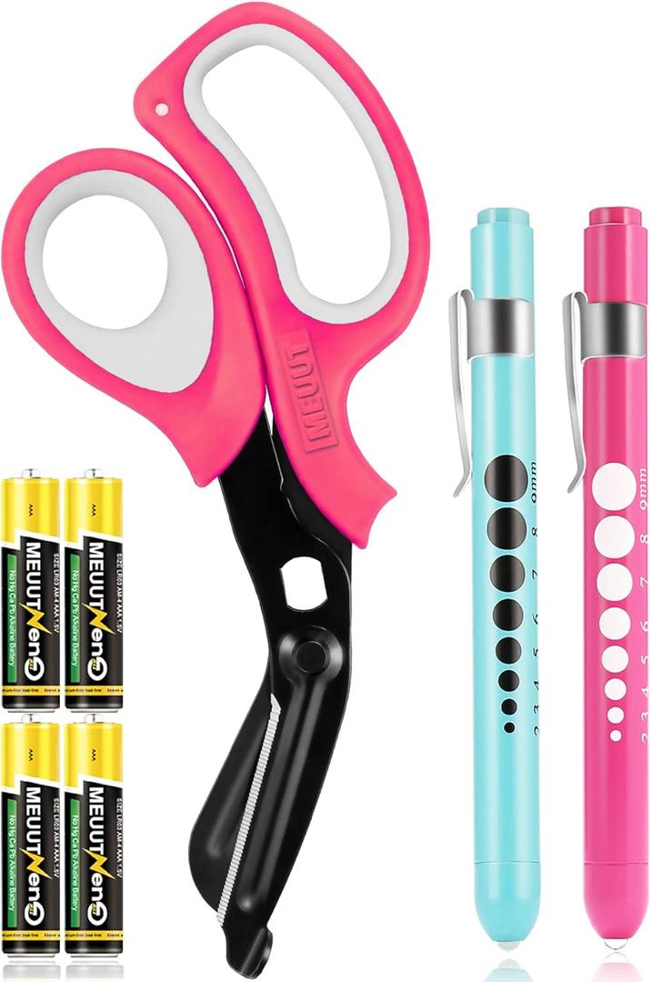MEUUT 3 Pack Medical Scissors and penlights for Nurses with Four Batteries-One 8" Patented Trauma Scissor Bandage Scissor Two LED Pen lights for Nurse Doctor EMT First Aid