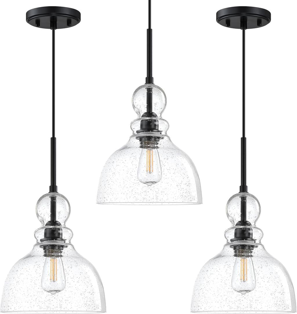 3 Pack 1 Light Hanging Indoor Kitchen Island Pendant Light 8" Clear Seeded Glass Pendant Ceiling Light Fixture,Black Finish Modern Farmhouse Dinning Over Sink