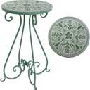 Vintage Outdoor Side Table Round Mosaic Ceramic Tile Top 14" Diameter Metal Plant Stand for Flower Pots Vase Garden Home Porch Pool Indoor Decor Weather Resistant Outside Patio Accent End Furniture, 14" diameter x 22.44" H