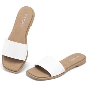FITORY Women's Slide Sandals Fashion Square Open Toe with Cushioned Footbed Slippers for Beach Size (7, White)
