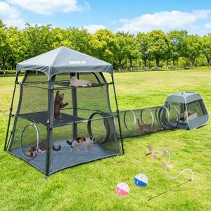 3 in 1 Portable Cat Enclosures with Tunnel & Cat House, Quick Setup Foldable Indoor Outdoor Cat Play Tent for Pet Families, Upgraded Stable Frame, Extra Large Space, Storage Bag + Cat Wand & Balls