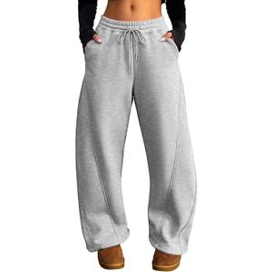 ELLEVEN Women's Fleece-Lined Barrel Leg Sweatpants Pants Casual with Adjustable Ankle Drawstring & Pockets (Gray, S)